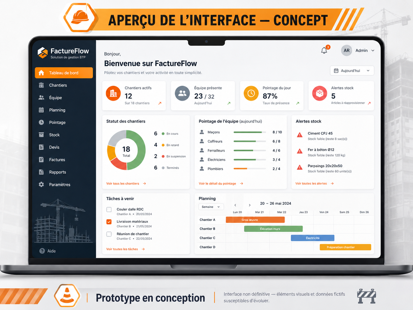 Aperçu de l'interface FactureFlow — concept, prototype en conception